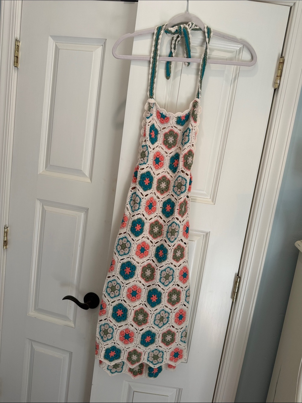 Show Me Your MuMu Crochet Halter Mini Dress in Teal, Coral & Cream